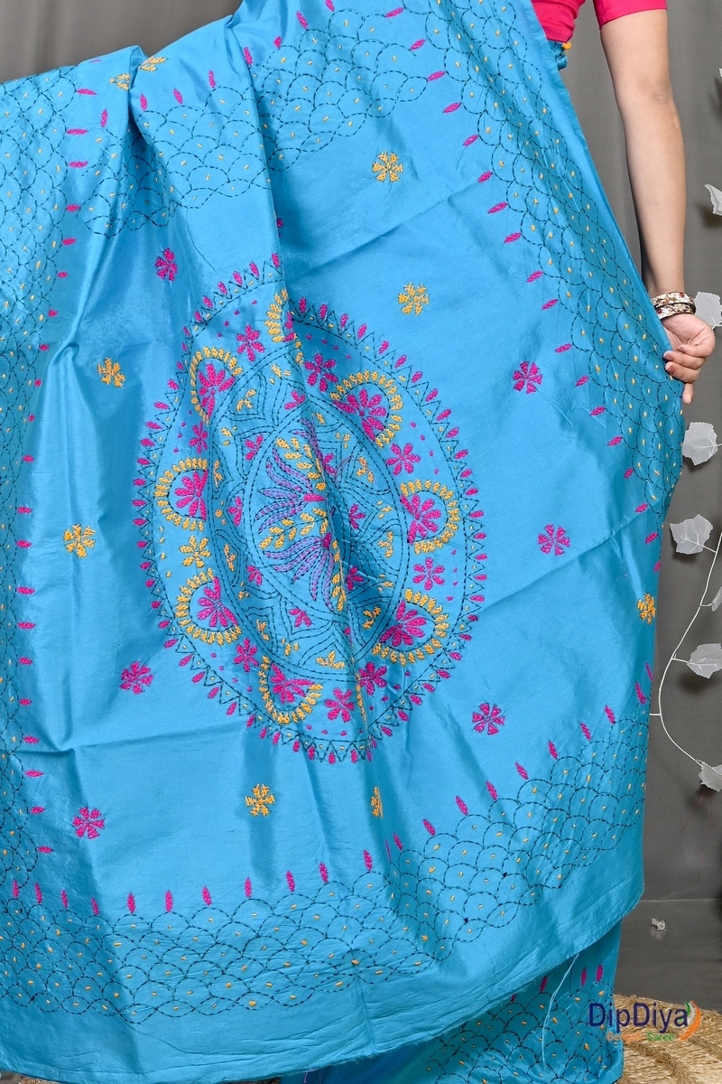 Sky Blue Cotton Blended Soumika Kantha Stitch Saree (593)